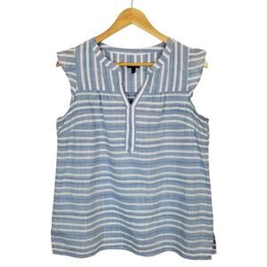 Talbots Women's Cotton Blue White Striped Ruffle Shoulder Sleeveless Blouse M